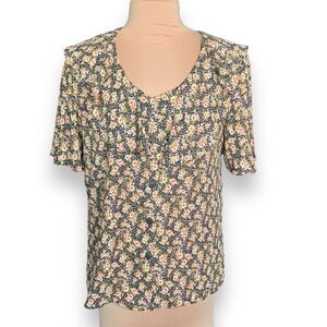 Vintage 90s Blouse Dark Floral Print Black Tan Peasant Ruffle Collar Medium